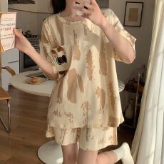 夏季仿棉少女短袖女睡衣夏天可爱短裤睡衣套装套头直播圆领家居服