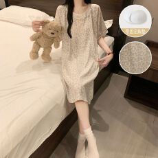 批发夏季女新款云朵棉花边圆领短袖中长睡裙固定胸垫甜美家居服
