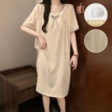 批发夏季女新款云朵棉花边圆领短袖中长睡裙固定胸垫甜美家居服