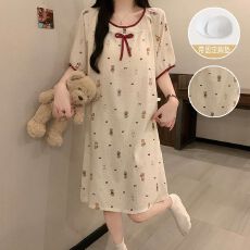 批发夏季女新款云朵棉花边圆领短袖中长睡裙固定胸垫甜美家居服