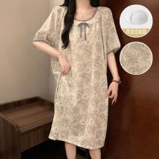 批发夏季女新款云朵棉花边圆领短袖中长睡裙固定胸垫甜美家居服