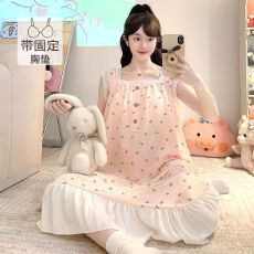 批发夏季新款云朵棉甜美印花花边短袖睡裙宽松加肥大码家居服
