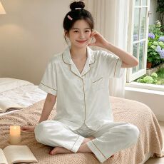 批发ins风轻奢版甜美提花仿<b class='q'>真丝</b><b class='q'>睡衣</b>短袖长裤家居服<b class='q'>套装</b>