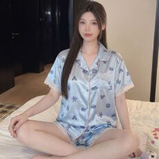 批发(实拍)ins风高级甜美蕾丝短袖短裤家居服仿<b class='q'>真丝</b><b class='q'>睡衣</b><b class='q'>套装</b>