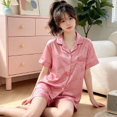 批发ins风韩系提花小樱桃短袖短裤家居服仿<b class='q'>真丝</b><b class='q'>睡衣</b><b class='q'>套装</b>
