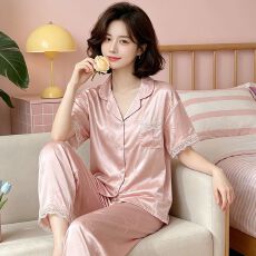 批发法式高级蝴蝶结提花蕾丝仿<b class='q'>真丝</b><b class='q'>睡衣</b>短袖长裤家居服<b class='q'>套装</b>