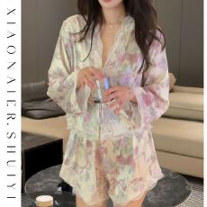 批发【玫瑰故事】冰雪丝睡衣女夏季七分袖短<b class='q'>裤</b>开衫系带V领家居服套<b class='q'>装</b>