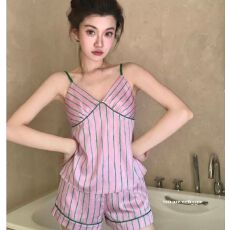 批发韩系条纹拼色冰丝吊带短裤睡衣女夏季纯欲少女ins可外穿<b class='q'>两件套装</b>