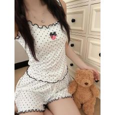 批发点点草莓木耳边睡衣女带胸垫背心短裤夏季可外穿学生家居服套装