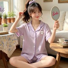 批发ins韩系紫色绣花小猫短袖短裤云朵棉<b class='q'>贝壳</b>家居服睡衣套装