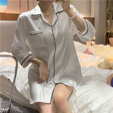 批发睡裙女夏款冰丝时尚薄款七分袖男友风衬衫长款家居服<b class='q'>春</b>秋冰丝睡衣
