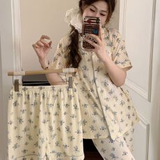 批发夏季新款女开衫翻领双短长<b class='q'>裤</b>三件套设计感睡衣仿棉皱布