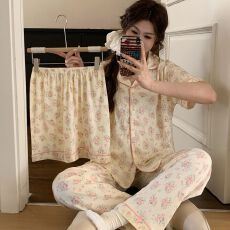 批发夏季新款女开衫翻领双短长<b class='q'>裤</b>三件套设计感睡衣仿棉皱布