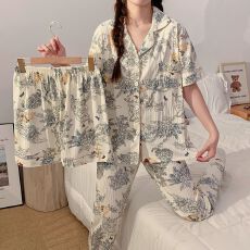 批发夏季新款女开衫翻领双短长<b class='q'>裤</b>三件套设计感睡衣仿棉皱布