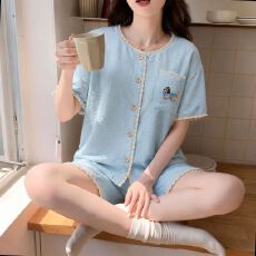 带胸垫 夏季新款云朵棉短袖短裤睡衣女甜美家居服两件套装可外穿