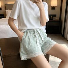 批发拉架棉夏季睡裤女条纹短裤休闲居家蕾丝花边柔软家居裤外穿带口袋