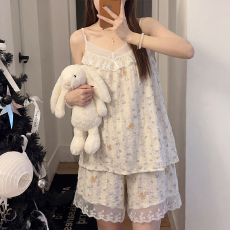 批发2026年（带胸垫泡泡皱布）蕾丝花边夏季睡衣女公主风吊带套装