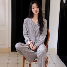 批发2026年秋夏冰丝螺纹开衫长袖长裤睡衣女套装休闲韩版家居服