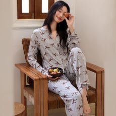 批发2026年秋夏冰丝螺纹开衫长袖长裤睡衣女套装休闲韩版家居服