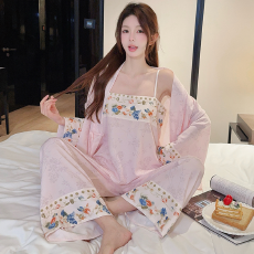 批发2026年（冰雪丝提花）吊带睡衣女外袍套装三件套复古国风中式