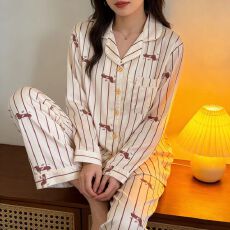 批发春秋新款<b class='q'>女士</b>冰雪丝睡衣薄款长袖长裤两件套翻领<b class='q'>开衫</b>家居服可外穿