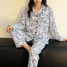 批发春秋新款<b class='q'>女士</b>冰雪丝睡衣薄款长袖长裤两件套可外穿翻领<b class='q'>开衫</b>家居服