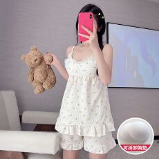 批发云朵棉带胸垫吊带 <b class='q'>睡衣</b>女甜美短袖短裤外穿家居服夏天套装