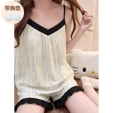 批发夏季新款云朵棉吊带后背松紧短裤套装 <b class='q'>睡衣</b>女 不可拆卸胸垫