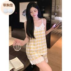 批发夏季新款云朵棉吊带短裤套装 <b class='q'>睡衣</b>女 不可拆卸胸垫