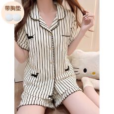 批发夏季新款云朵棉开衫短袖短裤套装 <b class='q'>睡衣</b>女 不可拆卸胸垫