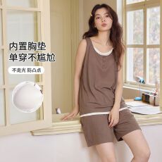 批发夏季新款冰丝螺纹<b class='q'>睡衣</b>女带胸垫纯色假两件背心短裤女士家居服套装