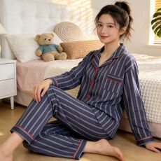 批发ins简约法式高级感条纹牛奶丝睡衣长袖<b class='q'>女士</b>家居服套装