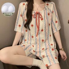 批发冰丝螺纹带胸垫睡衣女夏卡通甜美<b class='q'>女士</b>短袖睡衣家居服套装