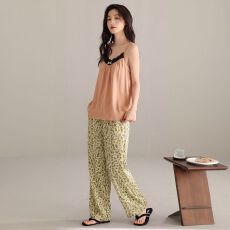 批发【带胸垫】夏季新款梭织<b class='q'>纯棉</b>女吊带长裤<b class='q'>睡衣</b>甜美女家居服