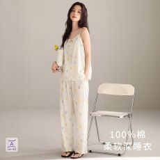 批发【带胸垫】夏季新款梭织<b class='q'>纯棉</b>女吊带长裤<b class='q'>睡衣</b>甜美女家居服