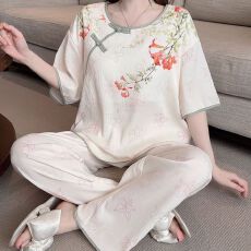 批发夏季新款睡衣女短袖长<b class='q'>裤</b>梭织云朵棉中国风家居服套<b class='q'>装</b>