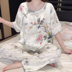 批发夏季新款睡衣女短袖长<b class='q'>裤</b>梭织云朵棉中国风家居服套<b class='q'>装</b>