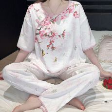 批发夏季新款睡衣女短袖长<b class='q'>裤</b>梭织云朵棉中国风家居服套<b class='q'>装</b>