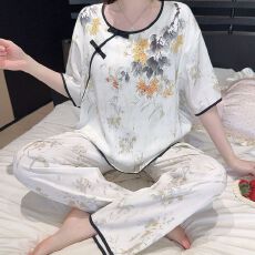 批发夏季新款睡衣女短袖长<b class='q'>裤</b>梭织云朵棉中国风家居服套<b class='q'>装</b>