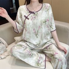 批发夏季新款睡衣女短袖长<b class='q'>裤</b>梭织云朵棉中国风家居服套<b class='q'>装</b>