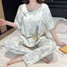 批发夏季新款睡衣女短袖长<b class='q'>裤</b>梭织云朵棉中国风家居服套<b class='q'>装</b>