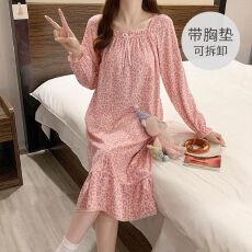 批发6535棉睡衣女<b class='q'>春</b>秋季甜美带胸垫长袖睡裙大码220斤家居服