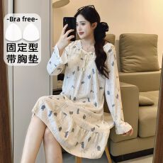 批发实拍秋季6535坑条棉带胸垫<b class='q'>公主</b>风甜美可爱长袖<b class='q'>睡裙</b>女家居服