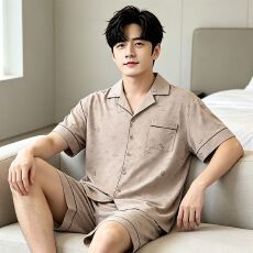 批发夏季简约<b class='q'>男士</b><b class='q'>睡衣</b>仿棉开衫浅卡线条短袖短裤套装男装加大码家居服