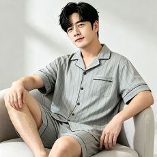 批发夏季<b class='q'>男士</b><b class='q'>睡衣</b>雅灰竖纹短袖短裤男装开衫套装仿棉休闲高级感家居服