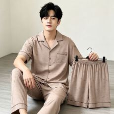 批发男士慵懒简约风夏季睡衣仿棉开衫短袖三件套浅卡线条<b class='q'>男装</b>家居服