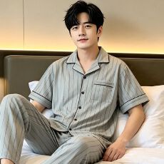 批发夏季<b class='q'>男士</b><b class='q'>睡衣</b>休闲高级感雅灰竖纹短袖长裤男装仿棉开衫家居服套装