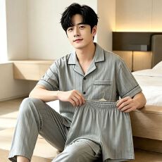 批发夏季男士休闲风睡衣雅灰竖纹短袖<b class='q'>男装</b>开衫三件套仿棉高级感家居服