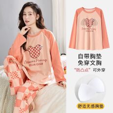 女睡衣秋冬季带胸垫拉架仿棉长袖卡通家可外穿居服女套装