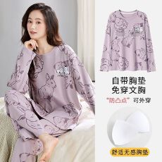 女睡衣秋冬季带胸垫拉架仿棉长袖卡通家可外穿居服女套装